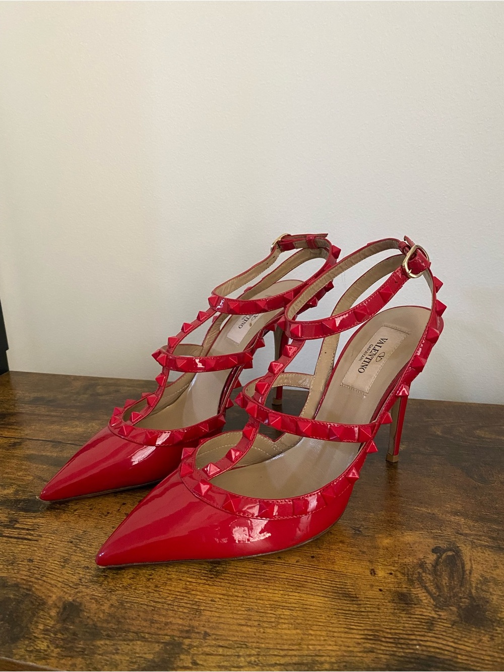 Valentino Red Patent Rockstud T-Strap Pointed Pump